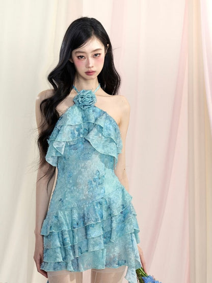 Blue-Green Asymmetrical Ruffled Hem Tiered Backless Prom Dress Skirt Mini Halter Neck