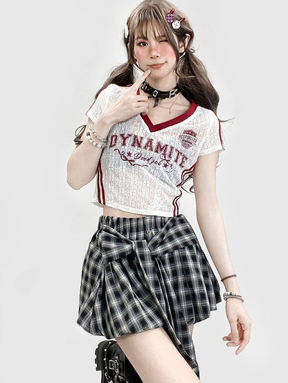 Print Glamorous WhiteRed Letter Lace V-neck T-shirt Y2K