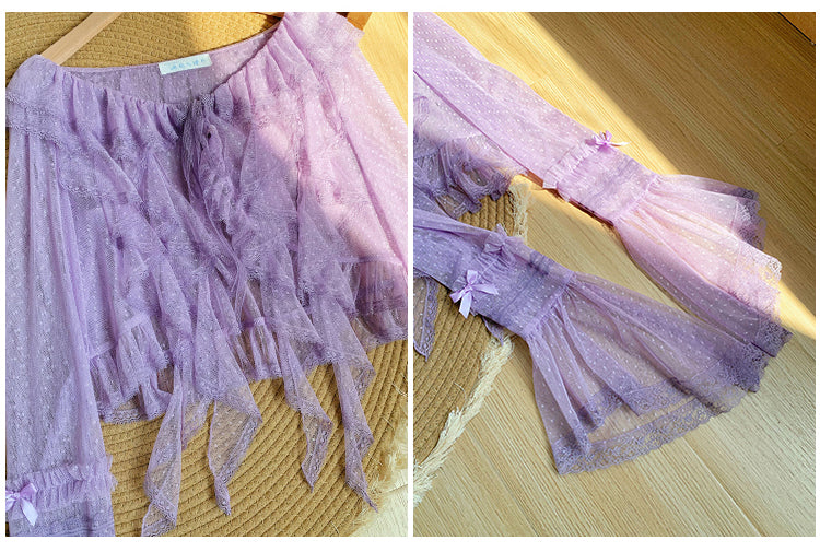Purple Sheer Ruffle Top Sleeves Trim Dotted Cascading Long Tulle