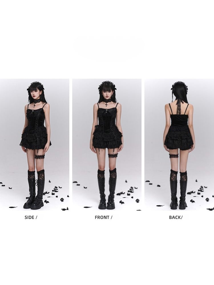 Gothic Cami Top Bow Gemstone Black with Crisscross Lacing