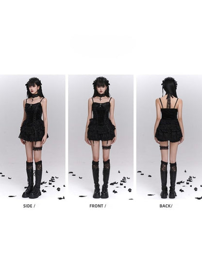 Gothic Cami Top Bow Gemstone Black with Crisscross Lacing