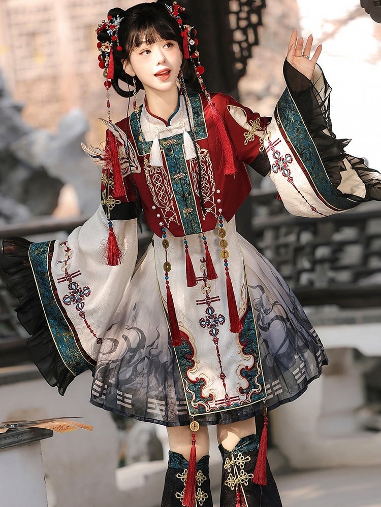 Red Han Lolita Cropped Top Fox Patch Tassels - Unknown Star