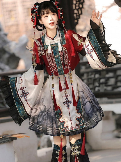 Red Han Lolita Cropped Top Fox Patch Tassels - Unknown Star