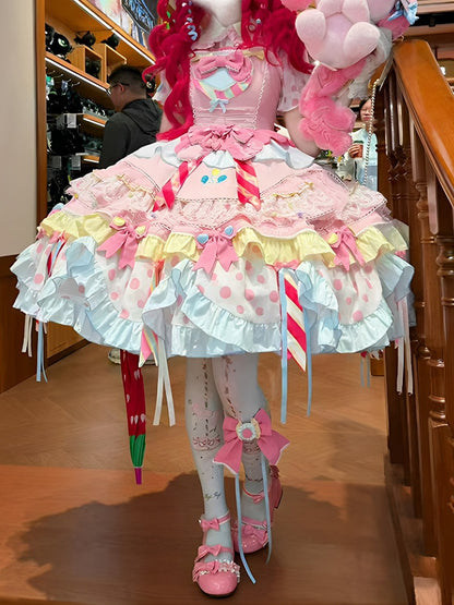 Pastel Sweet Lolita JSK Dress with Polka Dots and Scalloped Hem - Dollet