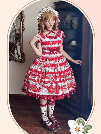 Süßes Lolita-Kleid mit hoher Taille und roten Erdbeeren