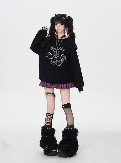 Round Neck Graphic Sweatshirt Self-tie Bowknot at Back Pink/Black