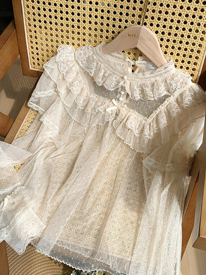 ロングチュールシアートップス レース ベージュスリーブ ドット