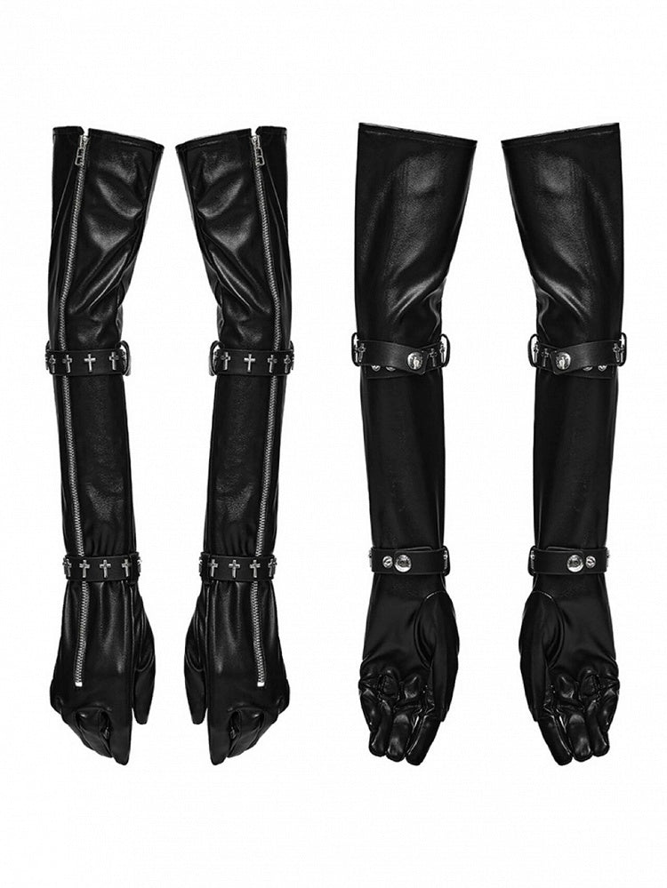 Cross Studded Zipper Long Arm Goth Gloves in Black - Punk Rave