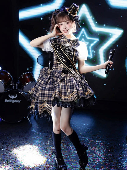 Blue Idol Lolita Plaid JSK Dress with Golden Bear Embroidery and Black Scalloped Hem - LiLi Chain