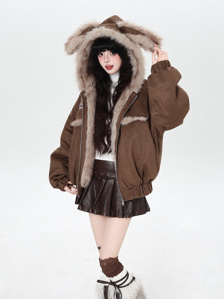 Padded Elastic Hem Hooded Ear with Brown Jacket Rabbit Cuffs