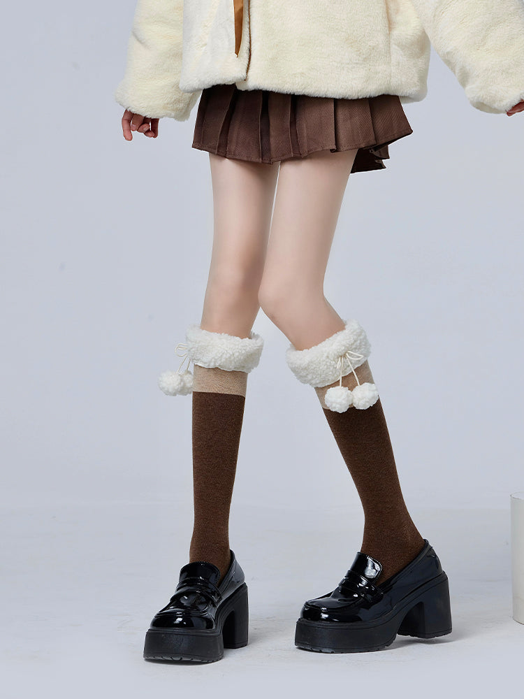 Plush Decoration Pom-Pom Socks Cuff With KhakiBrown/GrayBlack Calf