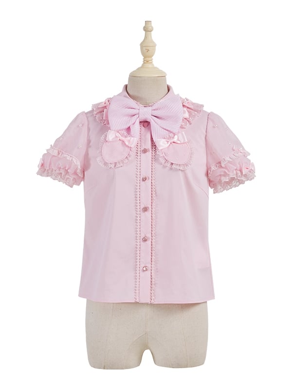 ピンクの取り外し可能な蝶結びネックラインビーズショートパフスリーブブラウス