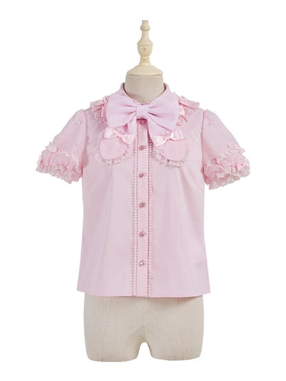 ピンクの取り外し可能な蝶結びネックラインビーズショートパフスリーブブラウス