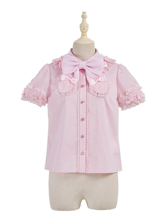 ピンクの取り外し可能な蝶結びネックラインビーズショートパフスリーブブラウス