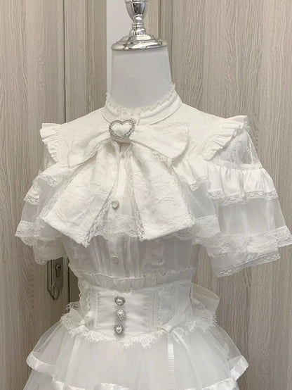 Blouse with Clearance-Size Ruffles 90CM for Heart Buttons Short Big Jirai Kei M White Illusion Neckline Tiered Bow Bust Sleeves