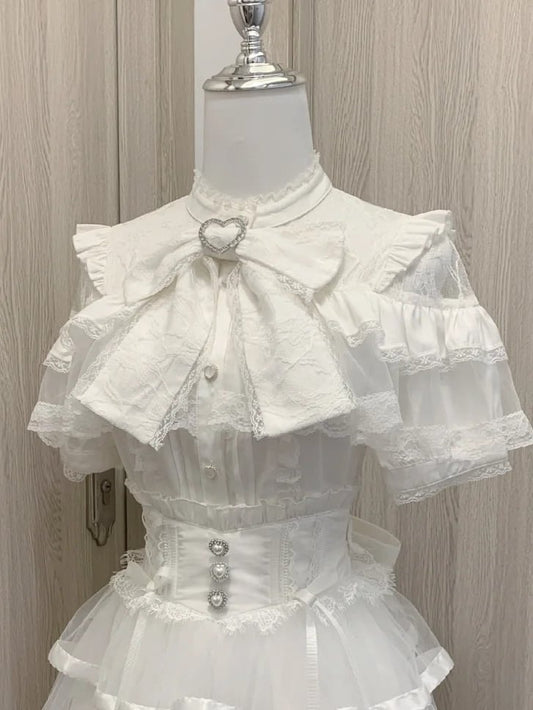 Blouse with Clearance-Size Ruffles 90CM for Heart Buttons Short Big Jirai Kei M White Illusion Neckline Tiered Bow Bust Sleeves