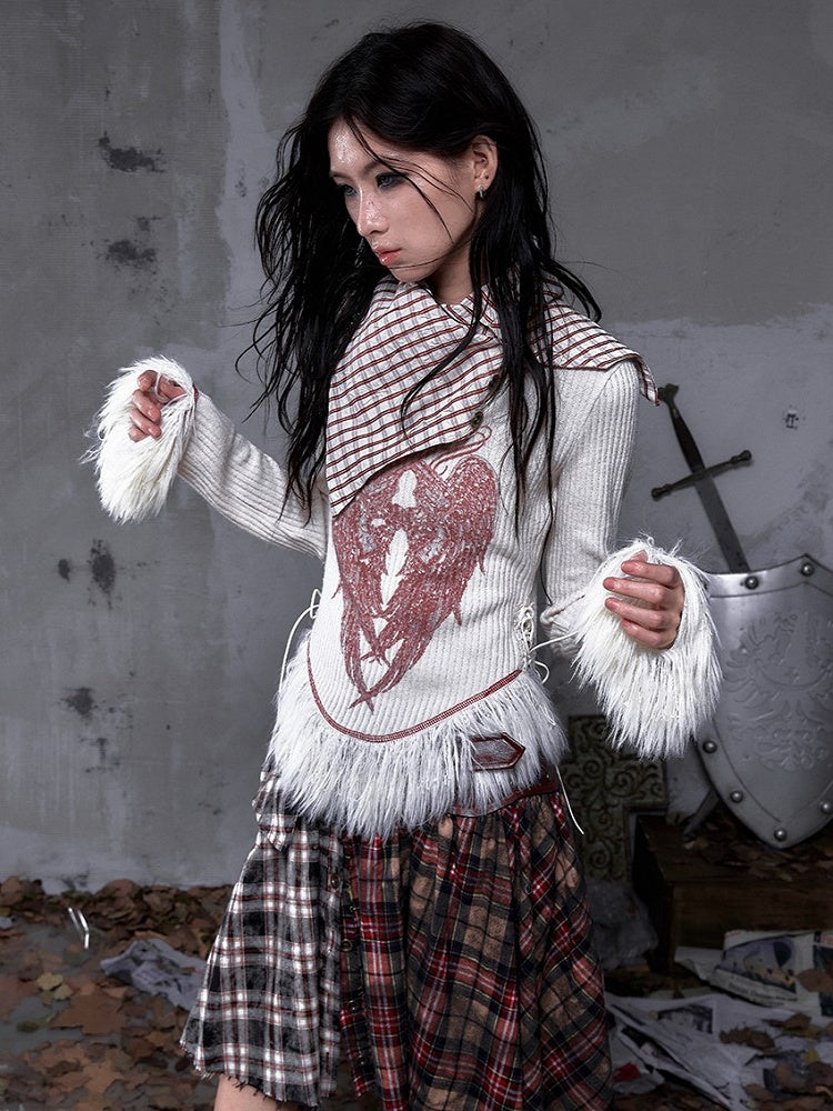 Shawl Vintage Red Print Christmas Plaid Knit Punk Top White Collar Wing with