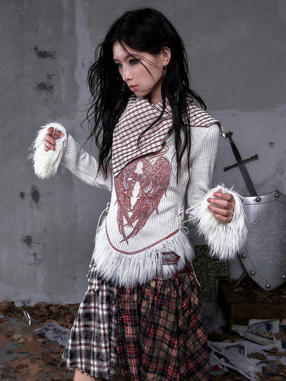 Shawl Vintage Red Print Christmas Plaid Knit Punk Top White Collar Wing with