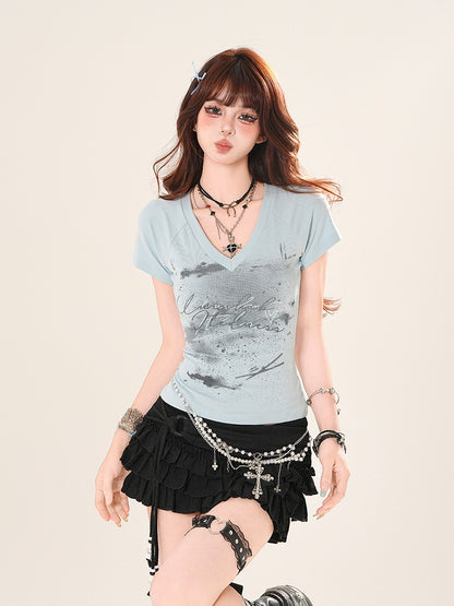 ピンク/ブルー Vネック スリムフィット グラフィックTシャツ