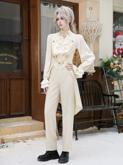 Ivory High-Waisted Pants with Jacquard Fabric Panels - DevilInspired Exclusive Collection