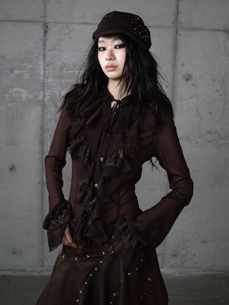 Princess Flounce Blouse Lace Button-Down Tie-Neck Front with Tiered Brown Vintage