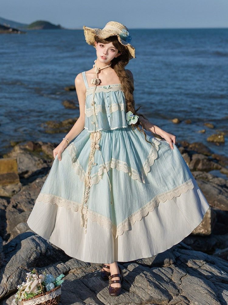 Blue Summer Set: Sleeveless Top, Skirt, Brooch & Hat - With PUJI