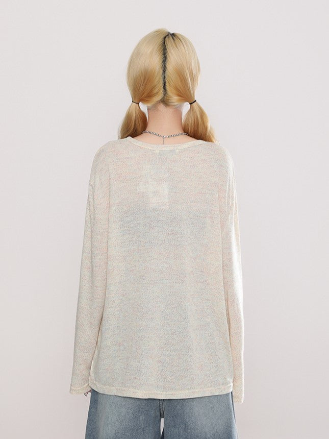 Long Top Embroidery Sleeve Semi-Sheer White/Yellow and Print Butterfly with