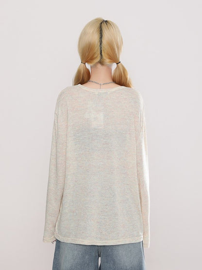 Long Top Embroidery Sleeve Semi-Sheer White/Yellow and Print Butterfly with