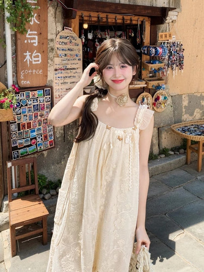 and Butterfly Accents Apricot Jacquard Dress with Tassel Hem Sleeveless Handkerchief Floral Hem