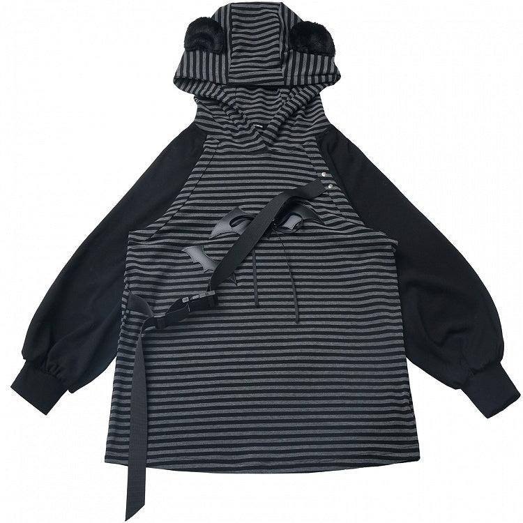 Black and Grey PU Bat Buckle Strap Bear Ears Striped Hoodie