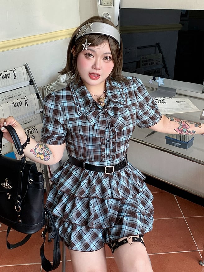 Plus Size gestufte blau-braune karierte Bluse mit adretten Ärmeln im Preppy-Stil, kurzer Rock /