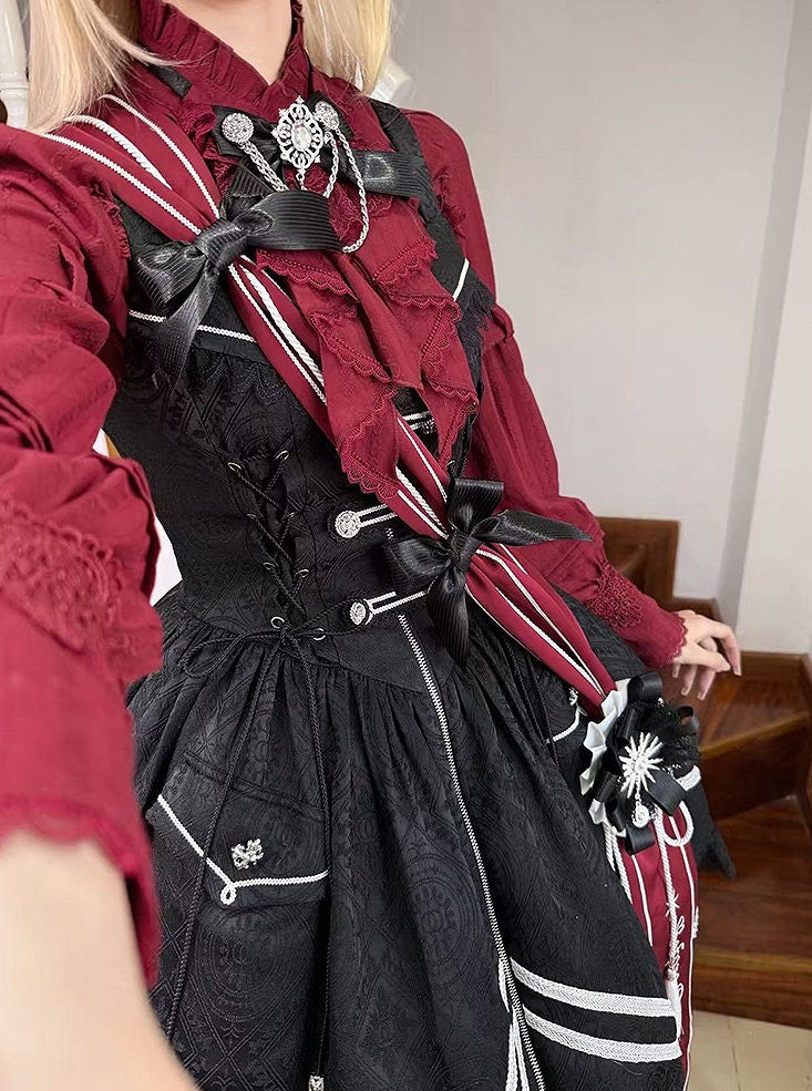 Ruffled Tie Bow Lace and Red with Neckline Lolita Blouse Long-sleeved Details