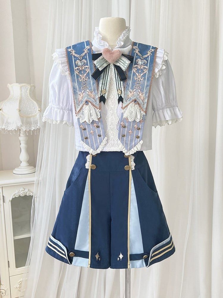 Detachable Lolita Ruffled Blue Shorts Ouji Shirt Set Warmers + Collar Dark Leg