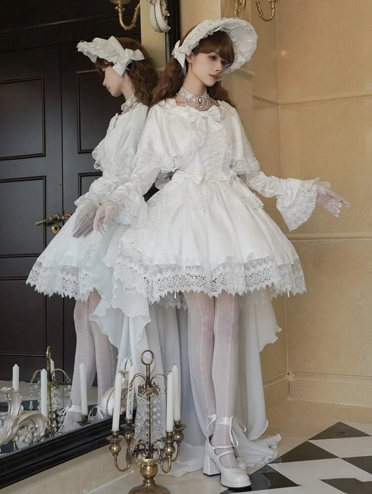 Weißes Cape-Design Shiro-Kleid Rosettenstoff Hanayome Lolita Einteiler