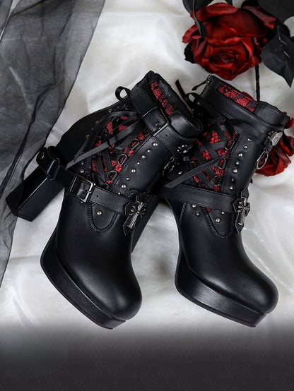 Gothic Lacing Crisscross Studded System PU Dual Black Fastening Boots Details - with High-heel Ankle