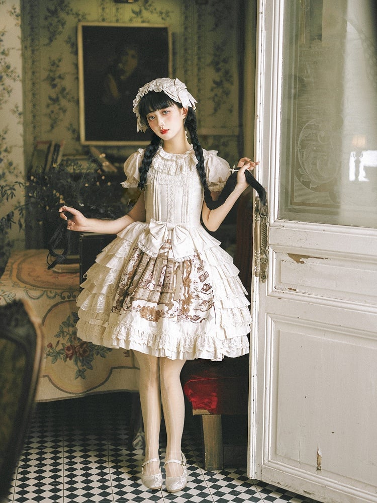 Bunny Print Ruffle Neckline Dress with Lace Details - NnSTAR
