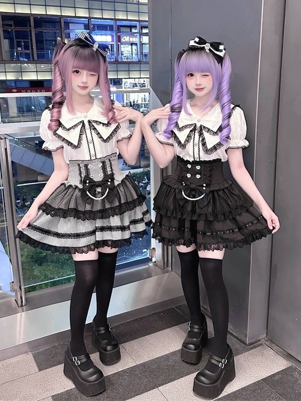 Black White Houndstooth Jirai Kei High-Waisted Tiered Skirt with Lace Bow - Puppet Bombs