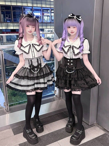 Black Jirai Kei High-Waisted Tiered Skirt with Lace Bow - Puppet Bombs