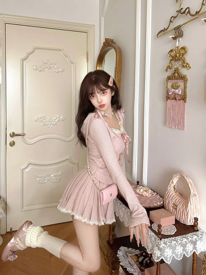 Spitzenstrickrock Rosa Plissierter Minisaum