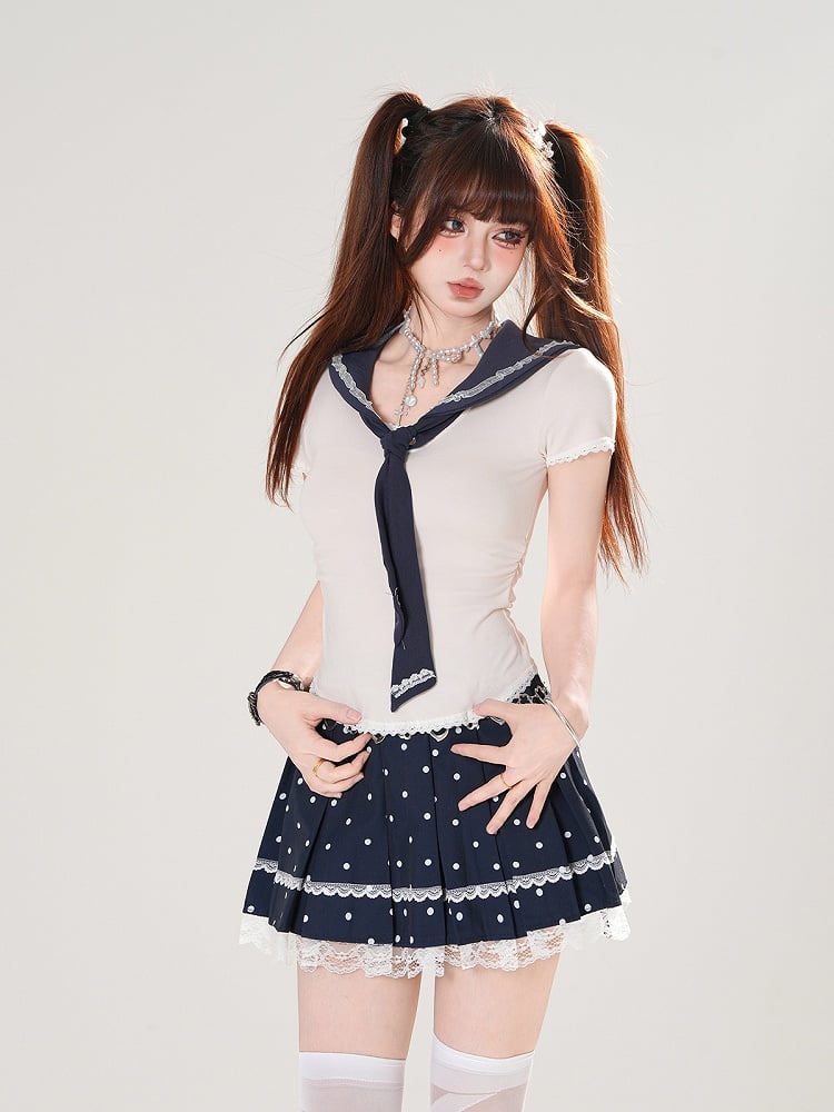 + Tシャツセット プリーツセーラー 水玉模様 取り外し可能なブルースカート ネイビー アプリコット スリムフィットカラー