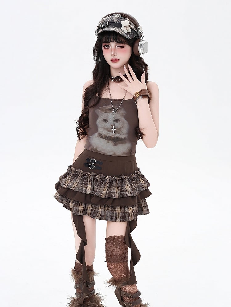 Cascading with Heart Skirt Ruffles Tiered Spicy Coffee Plaid Mini Sweet Buckles