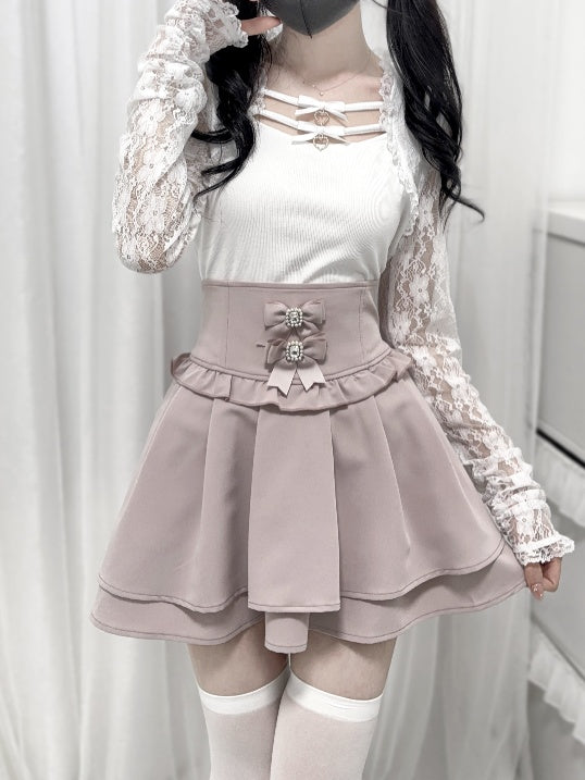 Jirai Kei – Oberteil mit Spitzenärmeln und Schleifenausschnitt in Schwarz/Weiß