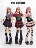 Butterfly Print T-Shirt Short Colorblock Cutout Shoulder Version Red/Pink/Purple Y2K