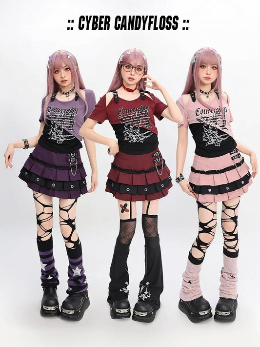 バタフライプリントTシャツ ショートカラーブロック カットアウトショルダーバージョン レッド/ピンク/パープル Y2K