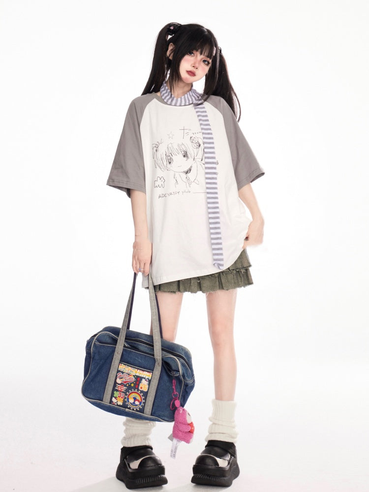 Anime Girl Graffiti T-Shirt Scarf with Striped Grey Colorblock Design