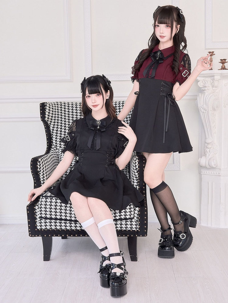 Jirai Kei – Rotes Kleid mit hoher Taille und Kunstschnürung, Schwarz/Schwarz, zweiteilig