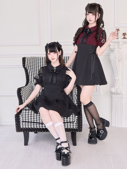 Jirai Kei – Rotes Kleid mit hoher Taille und Kunstschnürung, Schwarz/Schwarz, zweiteilig