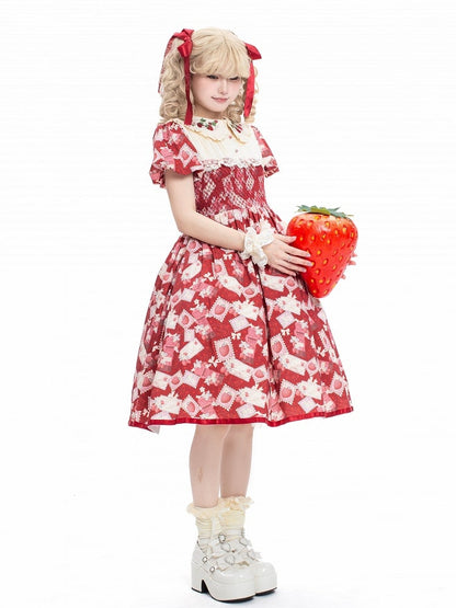 Dress Sleeves Red Lolita Strawberry Embroidered with Beige Sweet Puff Collar Print