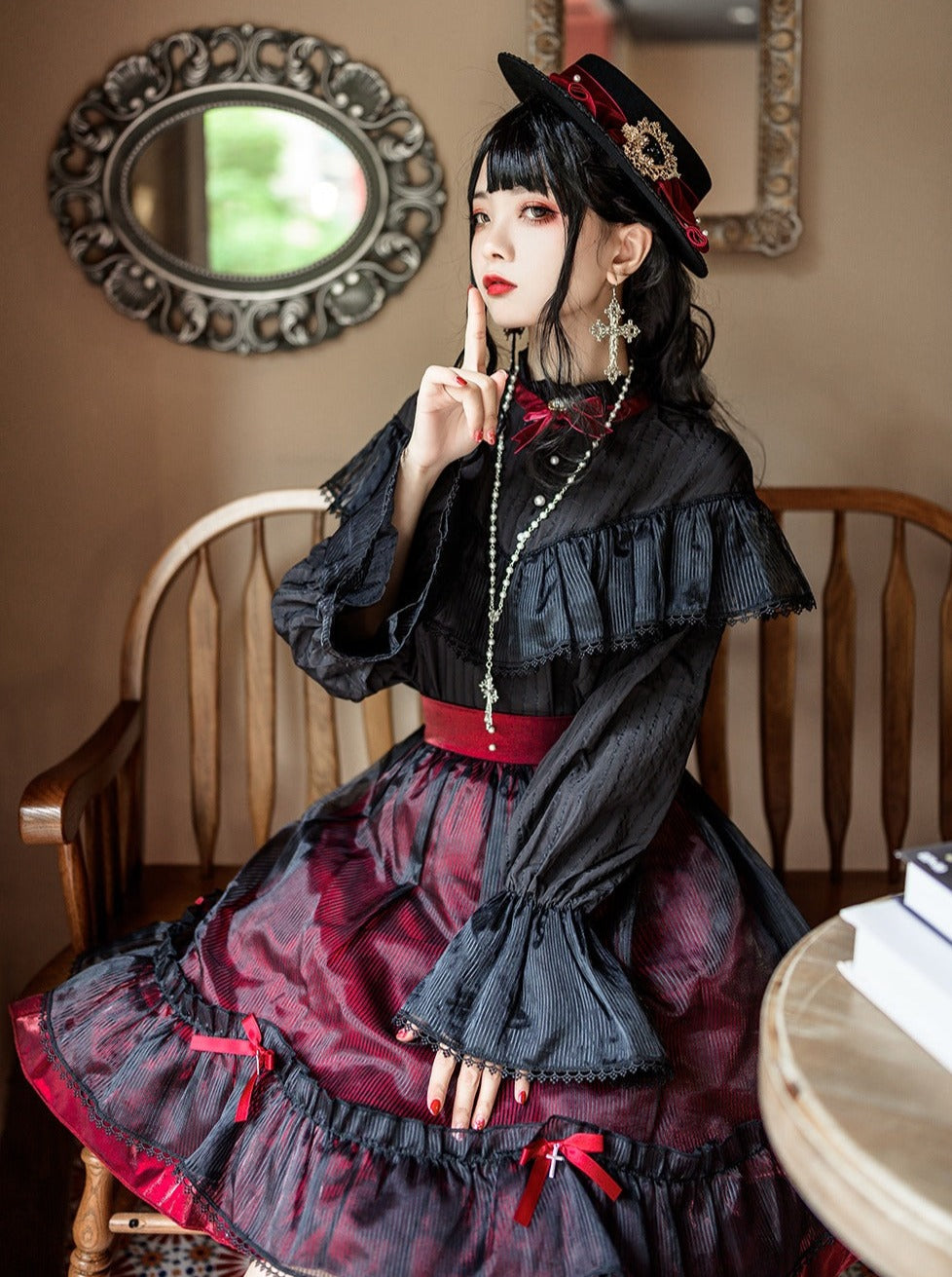 Red Collar Elegant Dark Gothic Shirt Retro Lolita Stand