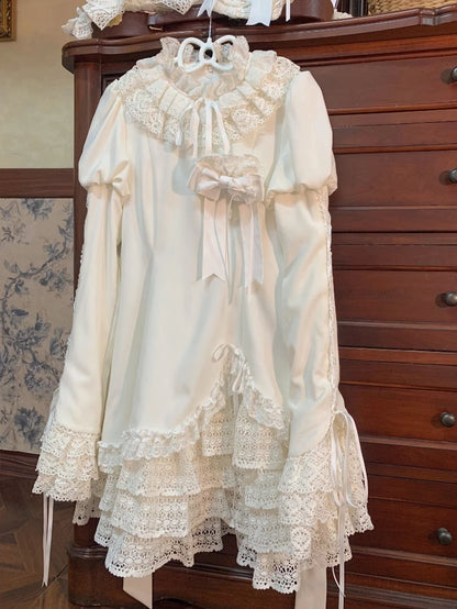 All White Ruff Collar Old School Long Sleeves Shiro Lolita Dress